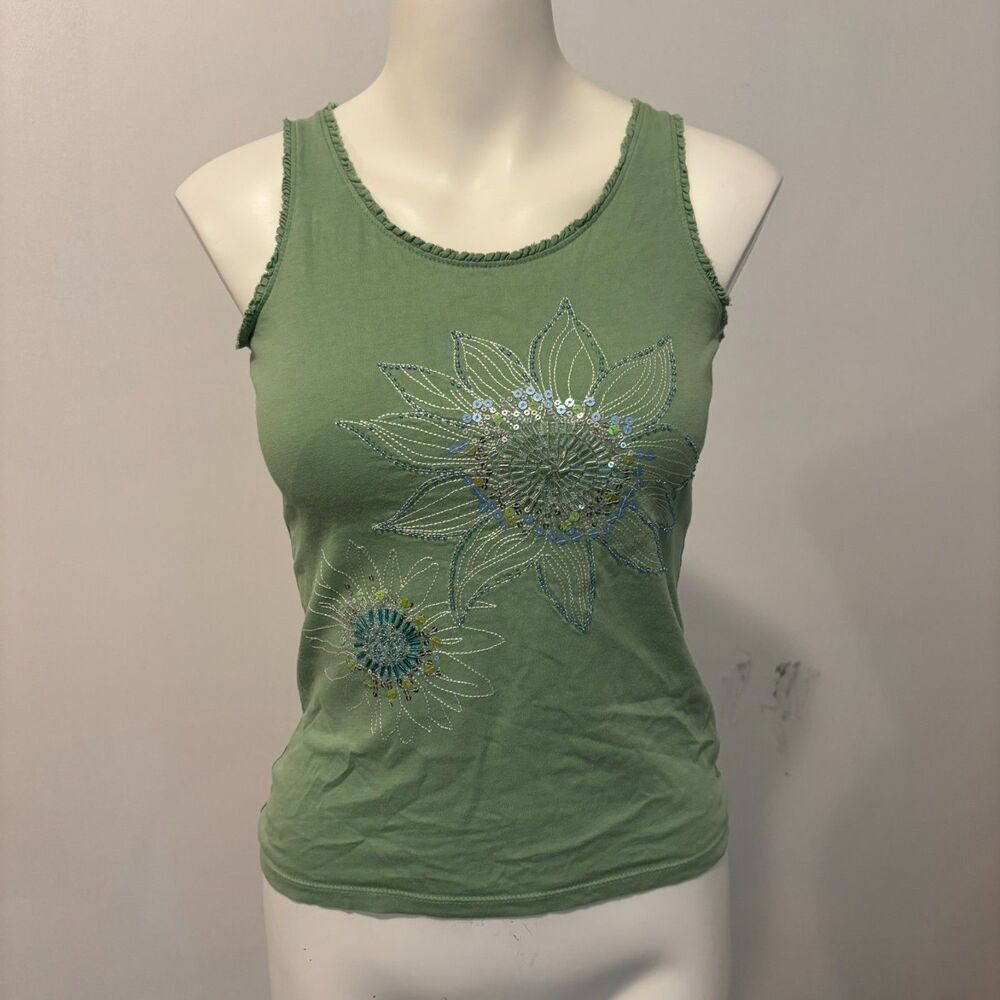Gap Kids Size Large Floral Spring Green Embroidered Sequin Sunflower Tank Top